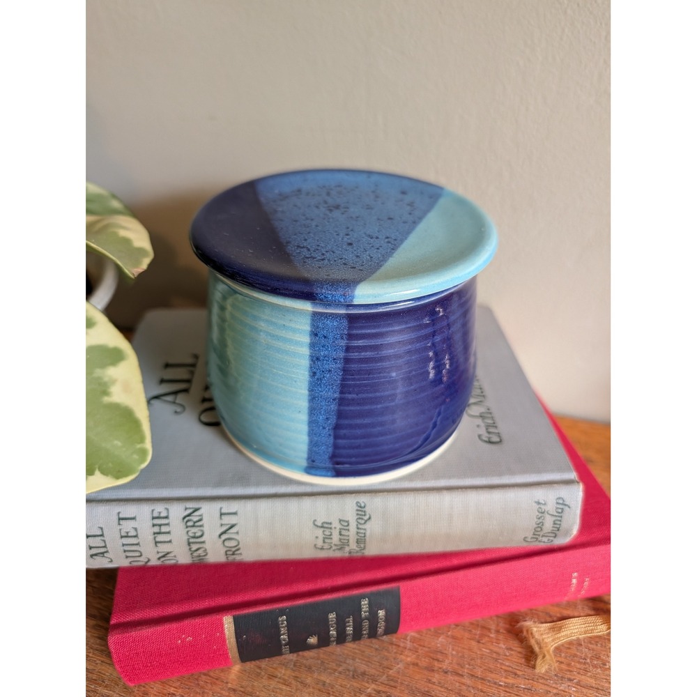 Vtg Studio Pottery French Butter Keeper Bell Crock Blue Glazed Stoneware Signed